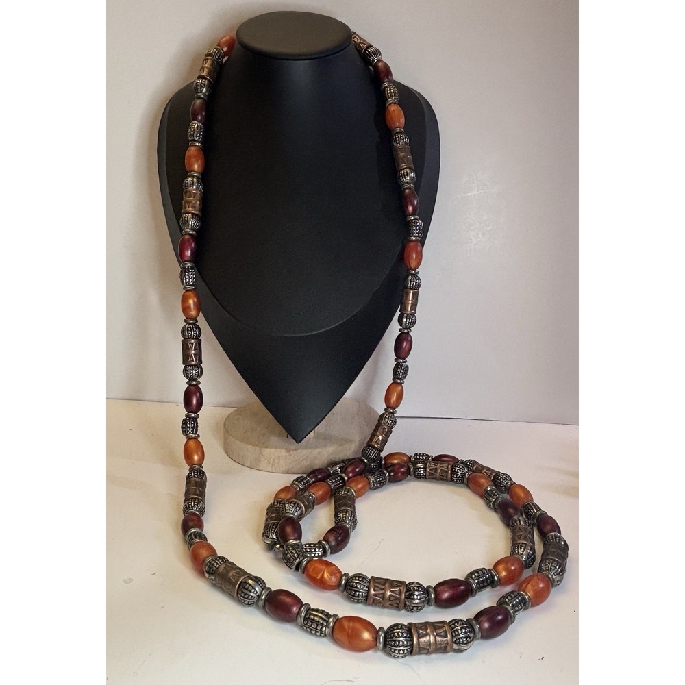 Vintage 68" Resin Bead Flapper Necklace Boho Copper Silver Tone Statement